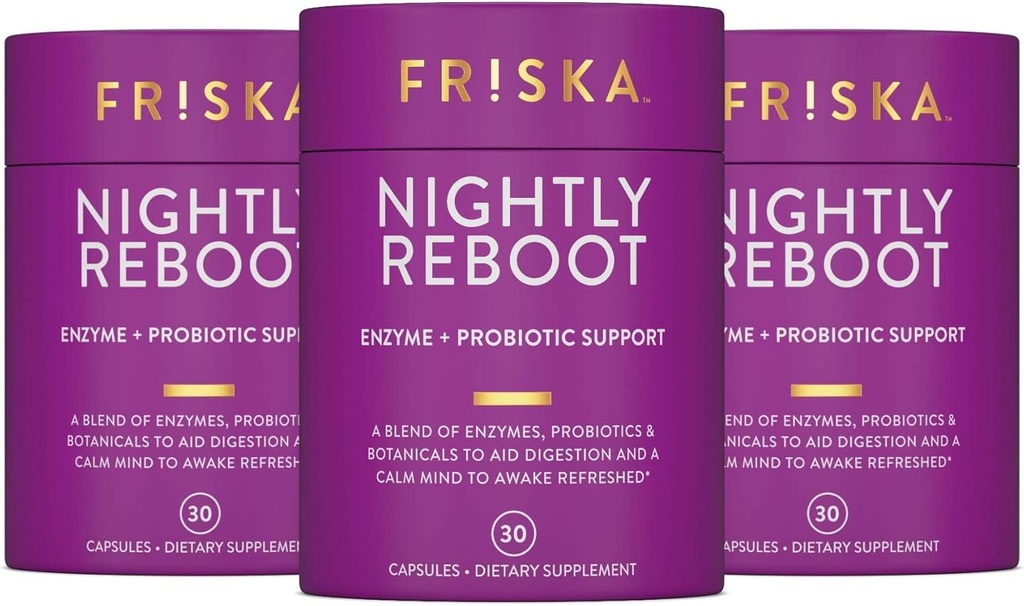 FRISKA Nightly Reboot Enzyme and Propoletic Supplement, Prootes Better Dibuble and Sleep, Sumur Gut Health for Men and Women, Melonasin, Chamomile, 90 Capsules