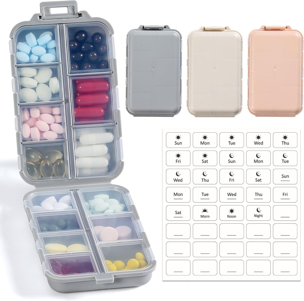 LANDNEOO 14 Grids Pill Organizer Box dengan Label, Travel Medication Holder Discenser Case Kit, Pocket Daily Pharmacy Container for Fish Oil Vitamin Suplemen Penyimpanan, KakiPink Grey, 3 Pack