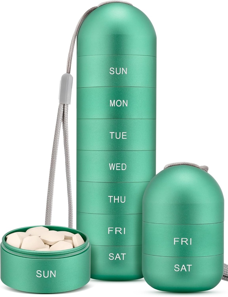Zannaki Metal Moisance Membuktikan Weekly Pill Organizer, Stackable Aluminum Obvoy BPA Free Travel Heking 7 Day Pill Box Case Waterproof and Large Comment to Hold Pills, Vitamin, Fish Oil, Suplemen