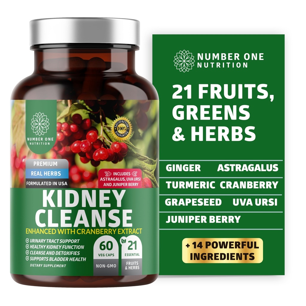 N1N Premium Kidney Cleanse [21 Speable Herbs] for Urinary Tract & Bladder Control, Natural Ginney Support with Cranberry Extract, Astralus and Uva Ursi Leaf, 60 Veg Caps