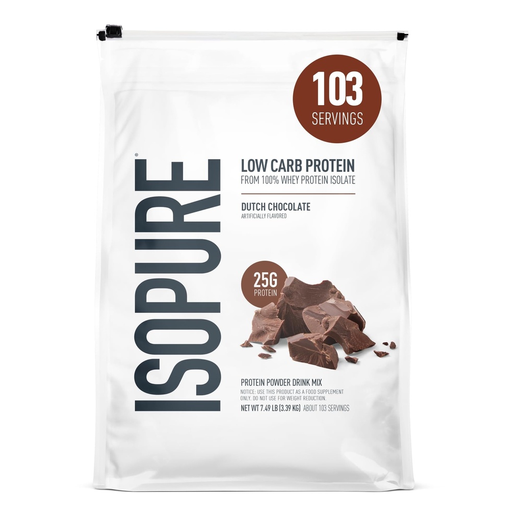 Isopure Low Carb 100% Pure Whey Isolate Protein Powder, Laktosa Free, Gluten Free, With Vitamin, Dutch Chocolate, 25g Protein Per Serving, 7.5 Lbs, 103 Servings (Packaging May Wary)