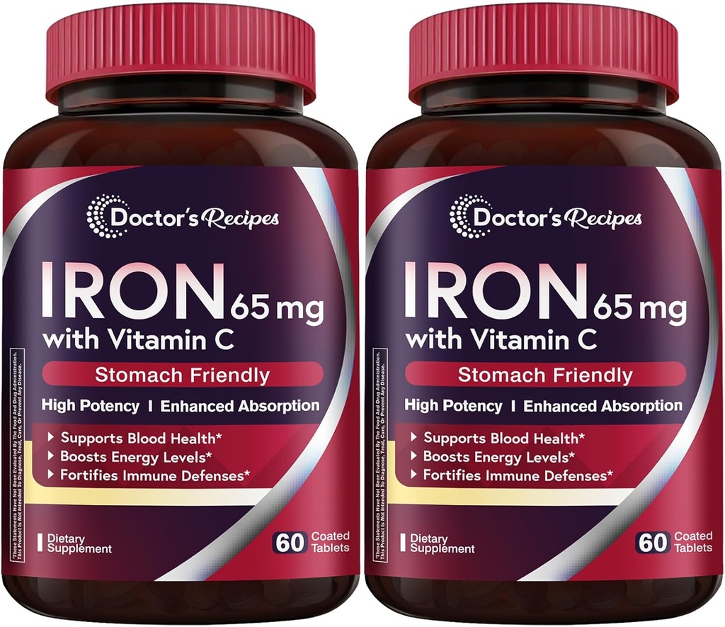 Dokter 's Recepes Iron Suplemen 65 mg dengan Vitamin C - Maksimalkan absorpsi & Stomach Friendly Pil Besi untuk Formasi Red Blood Cells, Hati, Otak & Imunitas Kesehatan - Vegan 120 Tab (Paket 2)