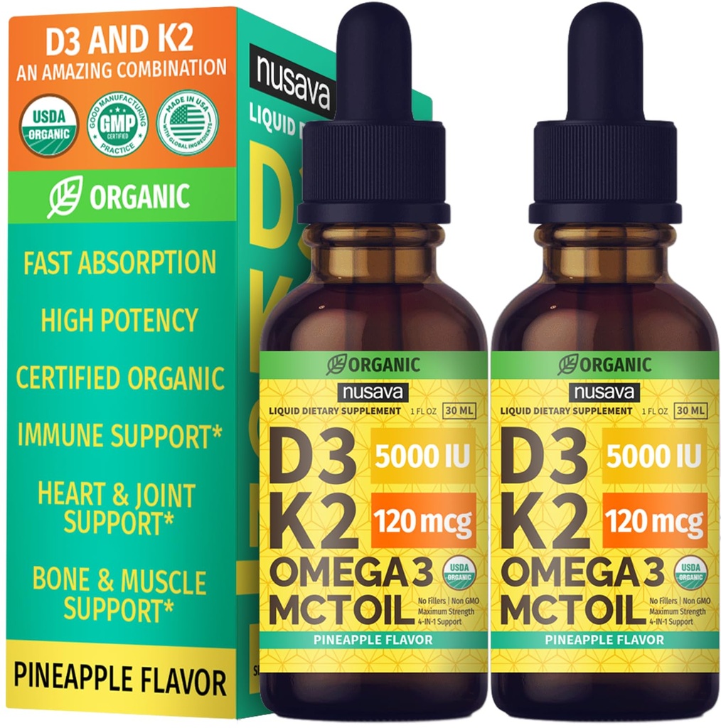 (2 Pack) Organik Vitamin D3 K2 Drops with MCT Oil Omega 3, Maximum Power Vitamin D Liquid 5000 IU, No Filler, Non-GMO Liquid D3 for Fassion dan Imune Dupport (Pineapple, 2 Fl Oz)