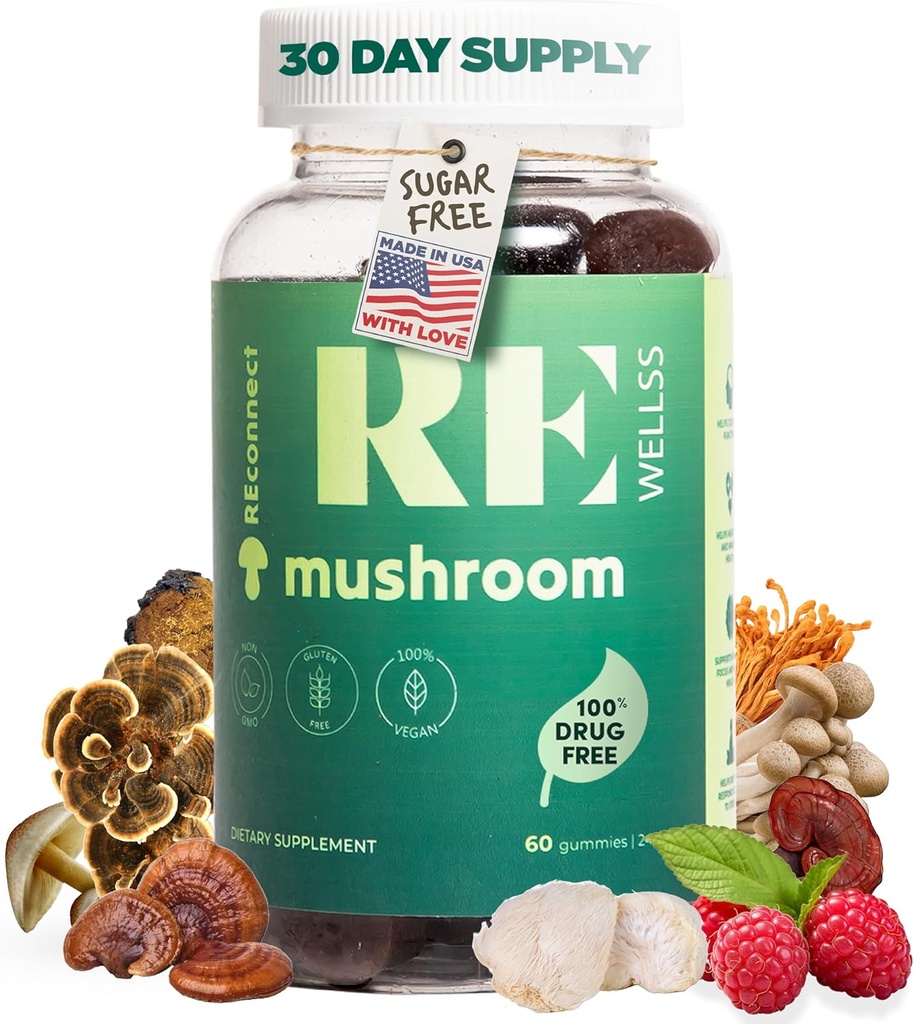 Super Mushroom Gummies I Sugar Free Organic Daily I Chaga Cordyceps Lions Mane Maitake Shiitake Turkey Tail Reishi Reishi 124; Suplemen Kognitive & Ammune Mendukung Stress Energy Mood