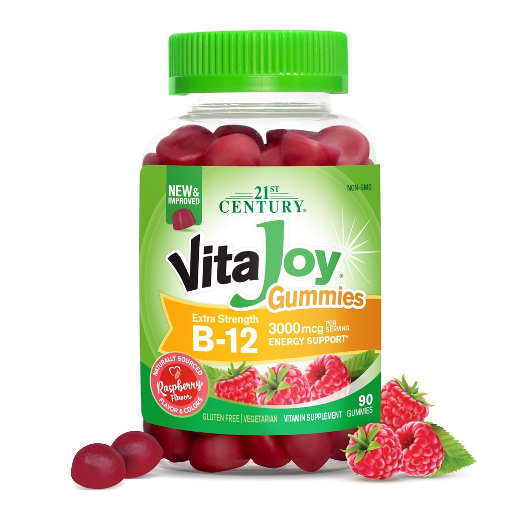 Abad ke-21 Vitajoy Ekstra B-12 3000 mcg Gummies, Raspberry, 90 Cacah