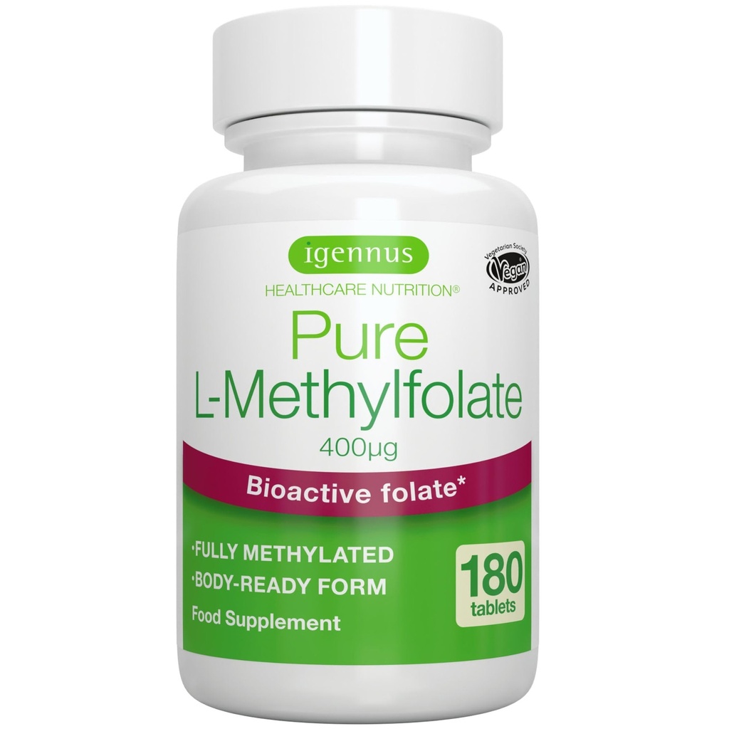 Igennus Pure Metil Foling 400 mcg, 180 Tablet, Clean Label, Form of Folic Acid 5-MTHF (Vitamin B9), Vegan, Sutable for Pregnancy, One-a-Day, 6 Bulan Suppply
