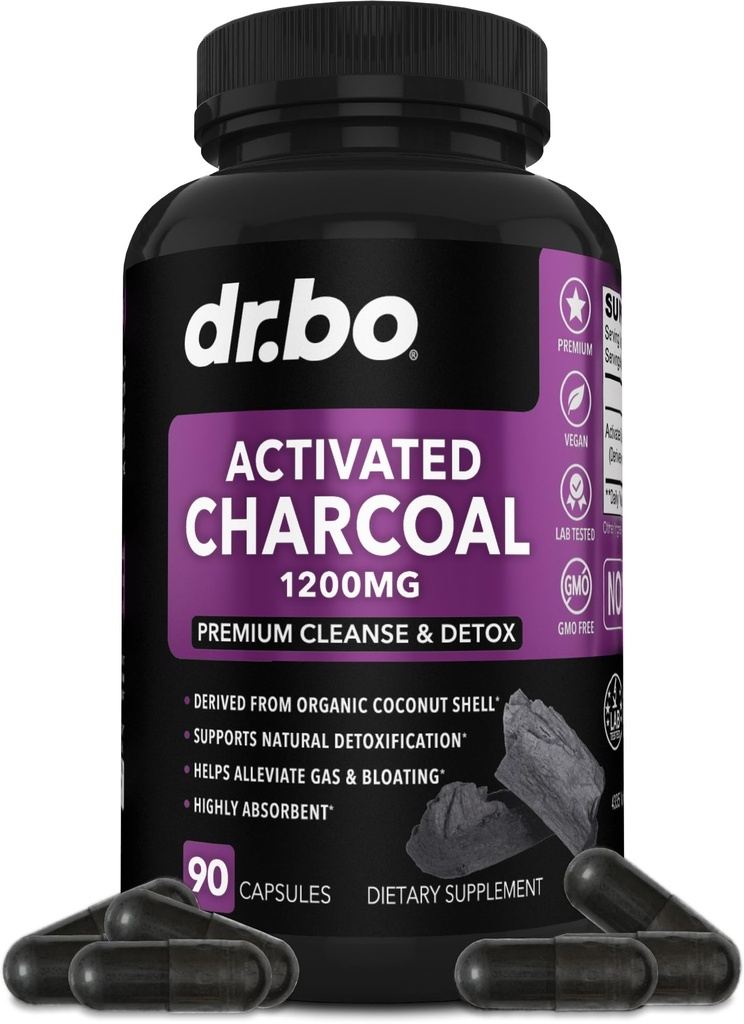 Diaktifkan Charcoal Capsules Detox - 1200mg Pill Koconut Arang Organik untuk Bahan Bensin Gas dan Bloating Relief untuk Anak-anak Perempuan - Aktif Kasules Pawder Binder Aktif Aktif Aktifasi Suplemen untuk Gut
