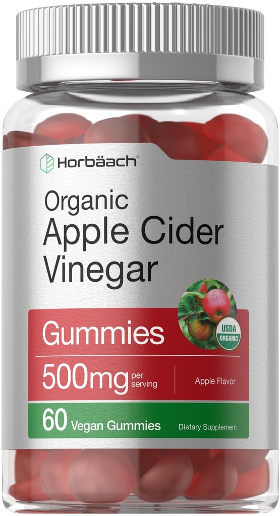 Horbäach Apple Ciegar Vinegar Gummies = 124; 60 Gummies 124; Vegan, Non-GMO & Glten- Free Supplemen 124DA Organik ACV 124; Apple Flavor