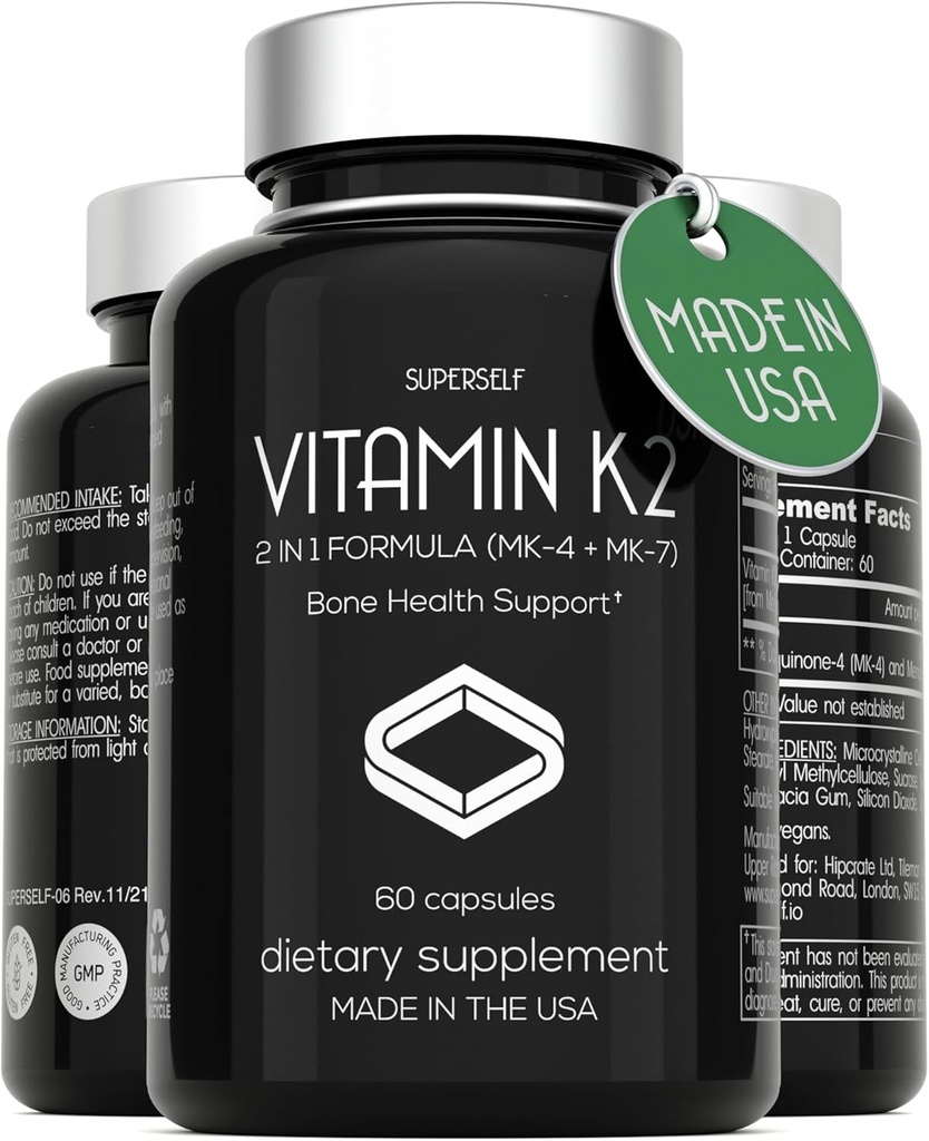 Vitamin K2 Capsules 100 mcg - Vitamin K Complex MK-7 & MK-4-60 Capsules - VIT K2 2 dalam 1 Formula Tinggi Kekuatan Suplemen MK7 - Made in USA - Vegan & Non-GMO