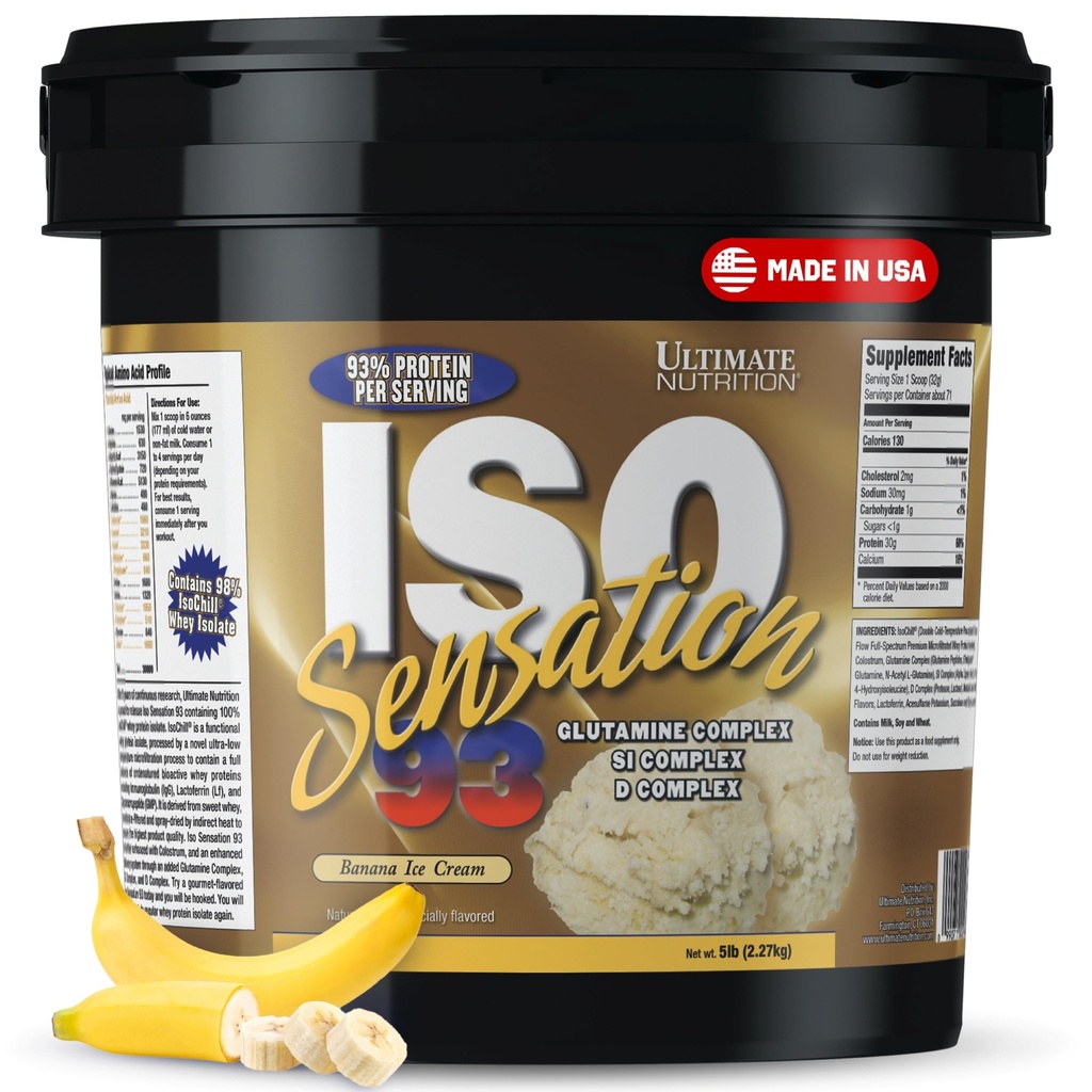 Isolat Whiy Protein Ultimate dengan Kompleks Glutamine, ISO Sensation 93 - Whiy Protein Pounder dengan Colostrum Ditambahkan Untuk Pemulihan Yang Diaktifkan, Kekebalisan & Gut Kesehatan - Pisang, 5lbs