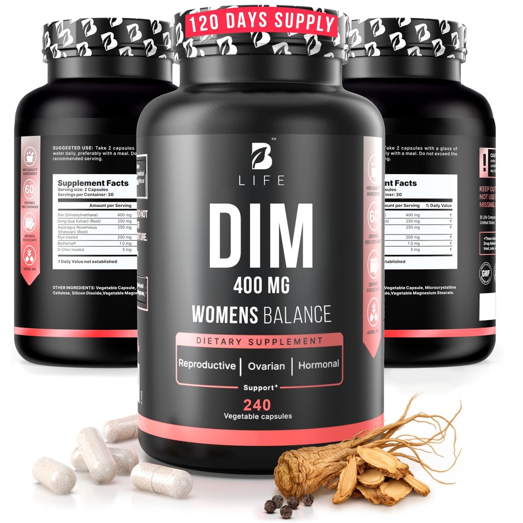 Suplemen DIM 400 mg dengan Myo & D-Chiro Inositol, Dong Quai - PCOS Suplemen - Keseimbangan Hormone untuk Perempuan - Suplemen Kesuburan Kesuburan - Inositol - 240 Caps