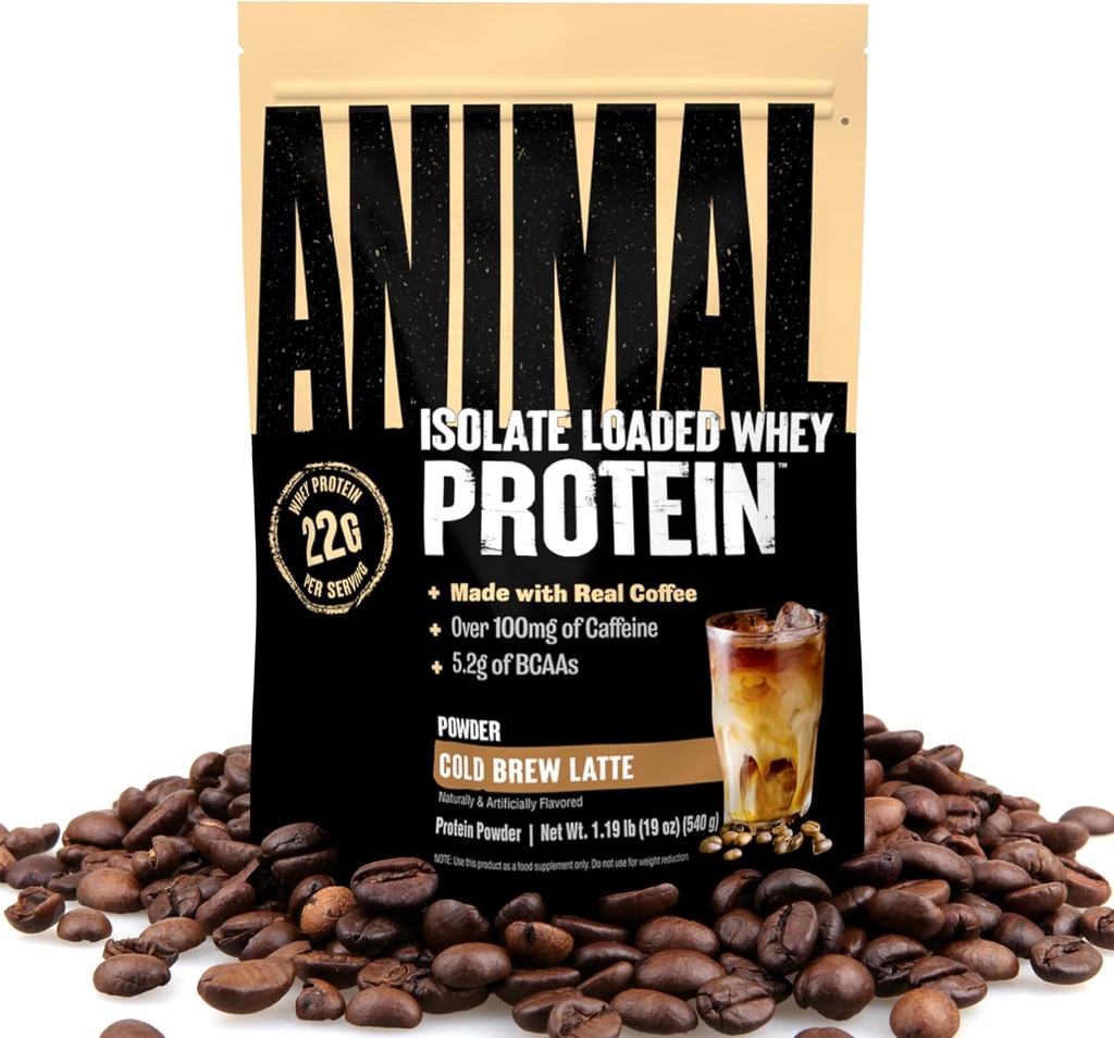 Animal Whey Protein Powder, Loaded with 22g of Protein, 100mg of Caffeine, and BCAAs for Pre & Post Workout Muscle Builder Recovery with Digevival Enzymes for Men & Women, Cold Brew Latte, 1 lb