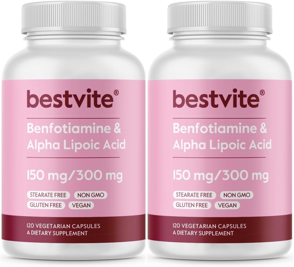 Benfotiamine 150mg / Alpha Lipoic Acid 300mg (240 Vegetarian Capsules) (120x2) - Tidak ada Stearat - Vegan - Gluten Free - Non GMO