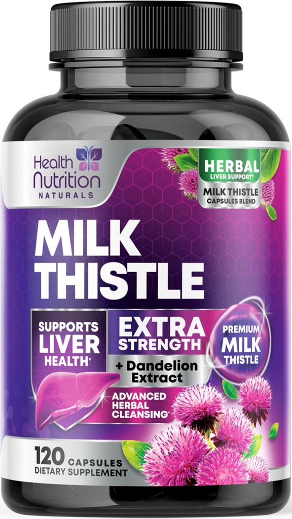 Suplemen Thistle Milk - Advanced Liver Cleanse Detox & Repair with Dandelion Root Extract - Natural Milk Thistle Silymarin Marianum Ekstrak Dukungan Kesehatan, Non-GMO, Botol USA - 120 Capsules