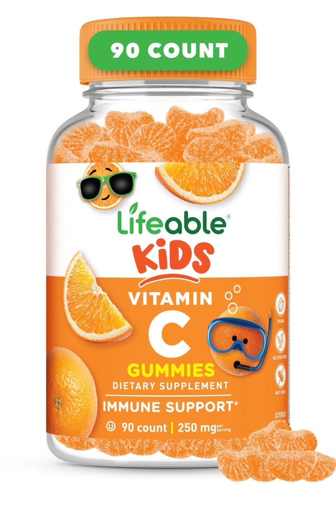 Lifeable Kid Vitamin C Gummies 124; 250mg 124; Great Tasting VIT C 124; Vegan Free GMO- Free Vitamin C Chewable 124; for Imune Support 124; 90 Gummies