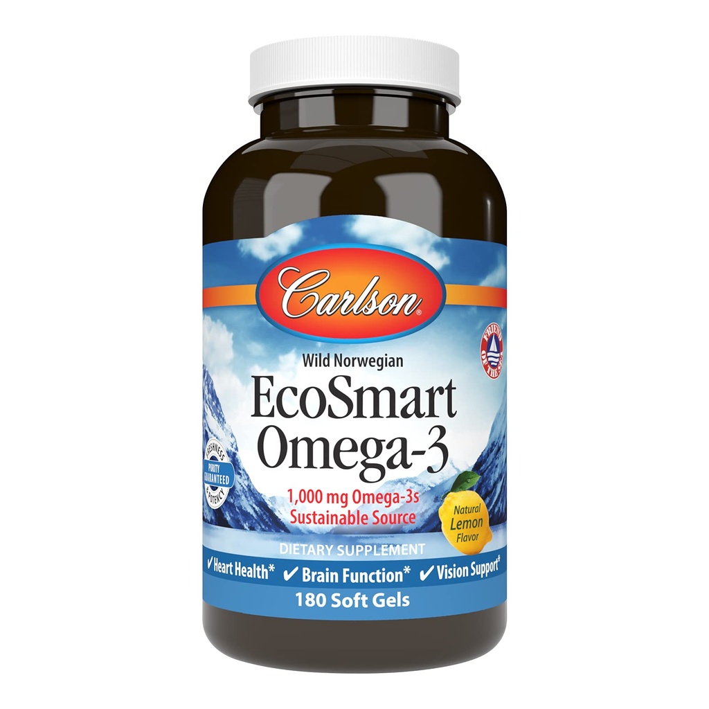 Carlson - EcoSmart Omega-3, 1000 mg Omega-3 s, Sustainable Softgels, Heart Health, Fungsi Otak & Vision Dukungan, Lemon, 180 Softgels