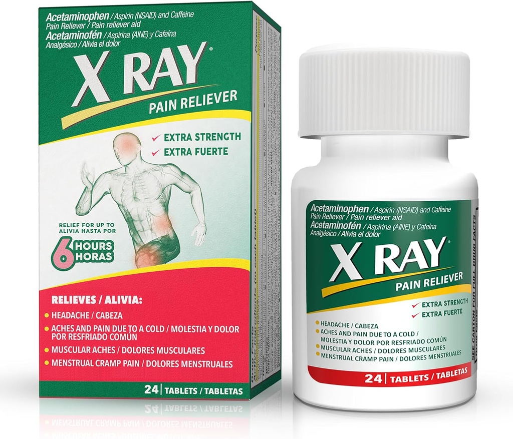 X RAY Extra Power Pain Reliever: Acetaminopren 500 mg, Aspirin, Caffeine - 24 Tablet Masing-masing, Mampu Formula untuk Migraine, Headache, dan Back Pain Relief, Reduces Inflammation