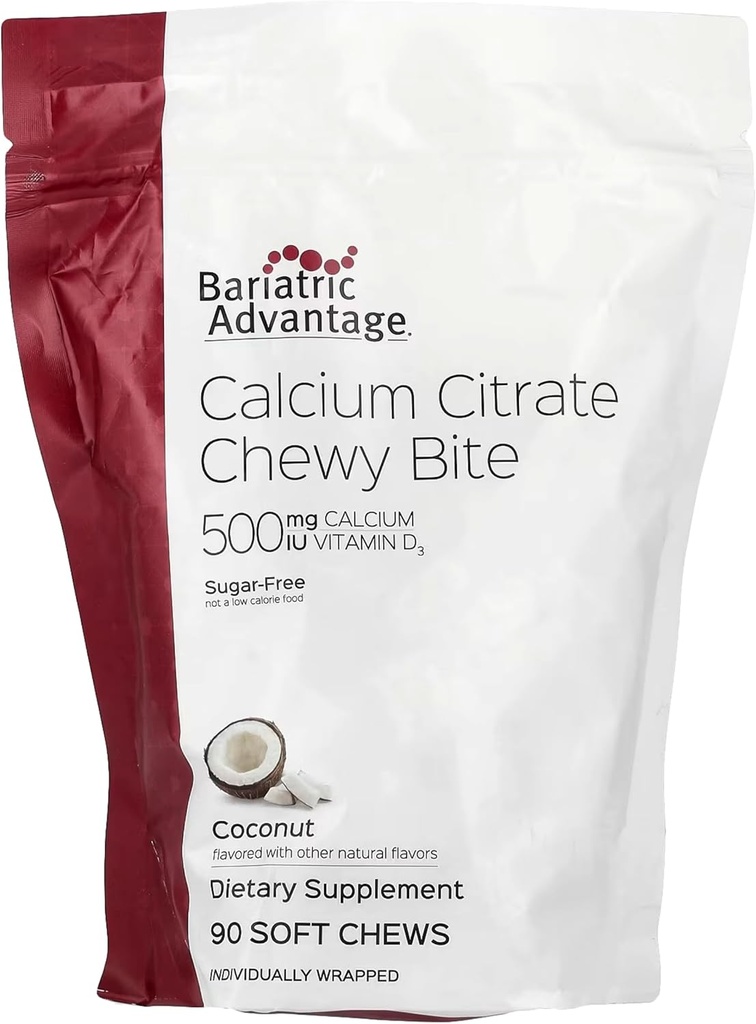 Keuntungan Bariatrik Kalsium Citrat Chewy Bites 500 mg - Sangat Absorbable & Digeable - Vitamin D3 - mudah Chesily Kalsium Suplemen - Koconut Flavor - 90 Count