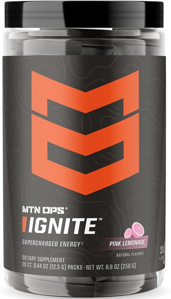 MTN OPS Ignaite Trail Pack Energy Towder, Gluten Free Nootropic Supplemen Minum Mix, L Arginine, L Citrulline, Caffeine & Nootropic Sugar Free Drink Mix, 20 Servings, Pink Lemonade