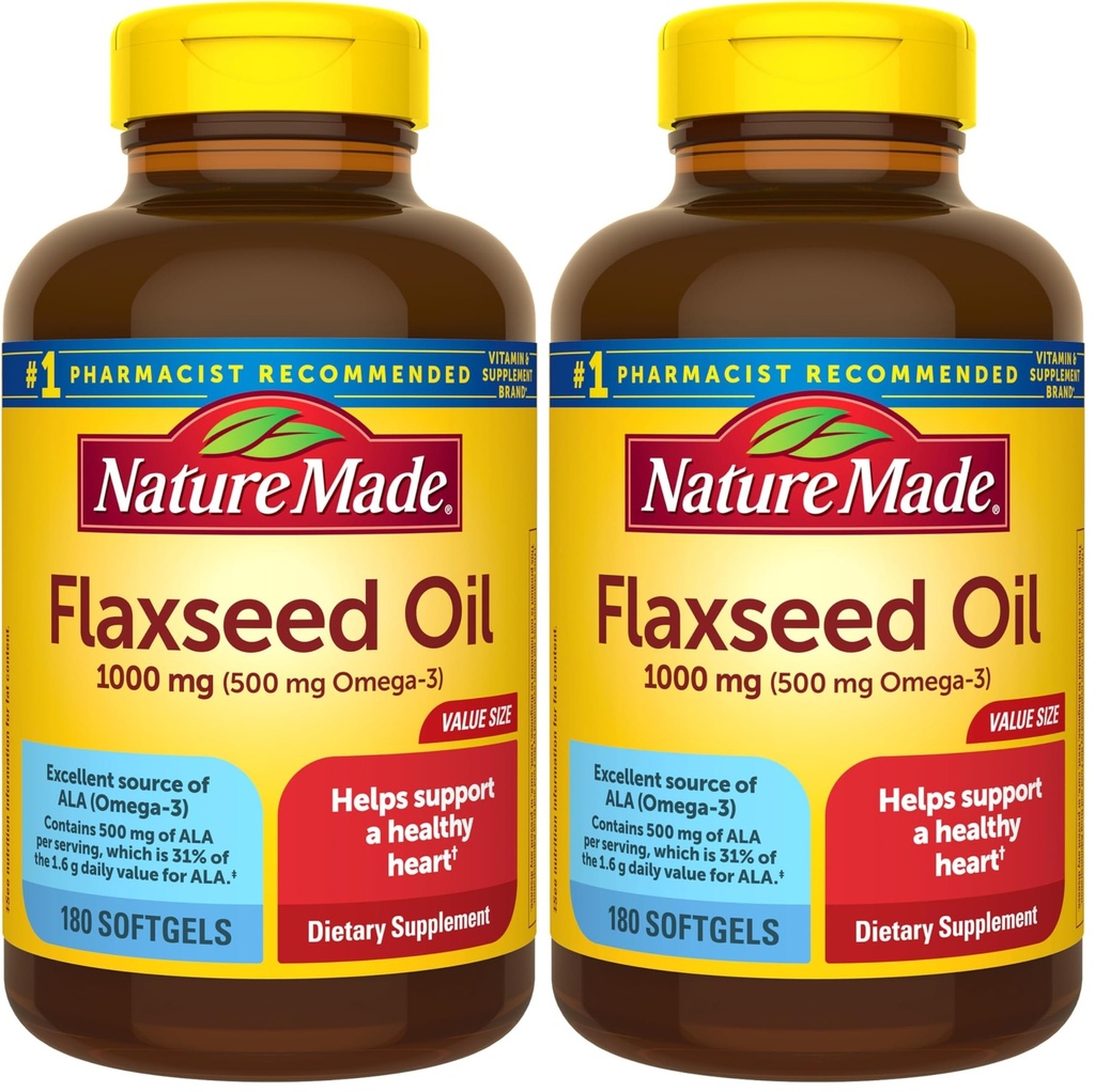 Nature Made Flaxseed Oil 1000 mg, Dieter Suplemen untuk Dukungan Kesehatan Jantung, 180 Softgels (Paket 2)