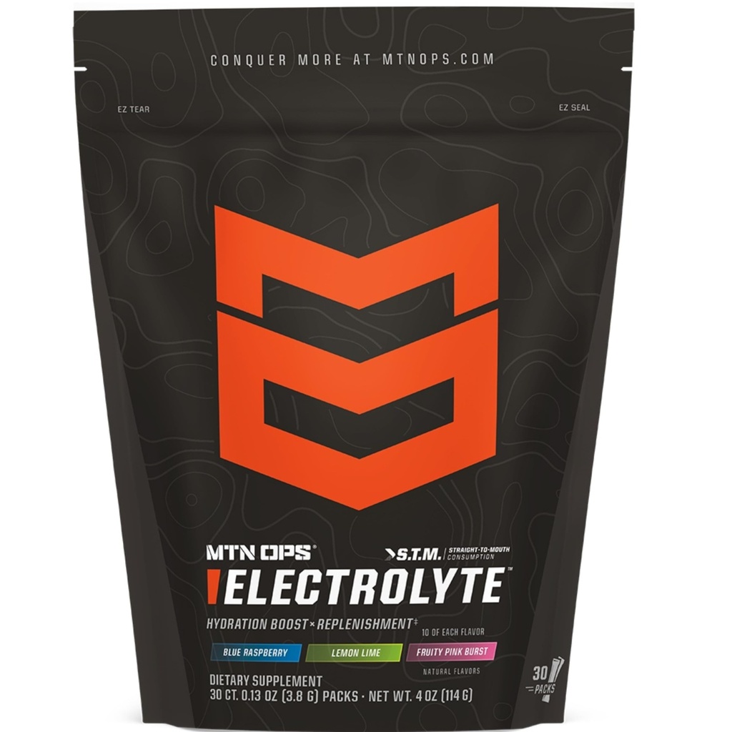 MTN OPS Electrolytes Powder Pawder, Paket Hidration Bebas Gula, Bubuk Hidrasi Bebas Gluten-, Electrolite Packet StM "Langsung ke Mulut" - Variety Pack 3 Flavors, 30 Paket Paket