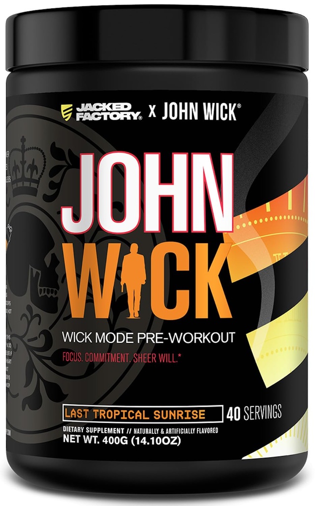 Jacked Factory X John Wick - Wick Mode Pre Workout Powder - Intense Energy, Battle- Ready Focus, Unstopment, and Sheer Will - 40 Servings, Last Tropical Sunrise