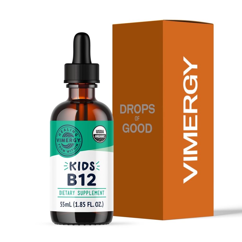 Vimergy Kids Organic Liquid B12 - Promotes Fisik Development & Kognitive * - Fast- Absorbing Immune Support * - USDA Organik, Vegan, Non- GMO - 55 mL