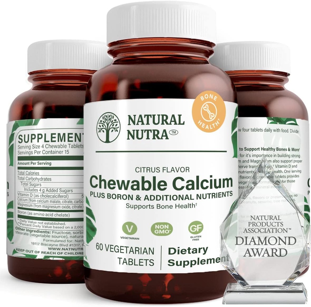 Suplemen Natural Nutra Kalsium Chewable untuk Kekuatan Tulang, Promotes Otot Kesehatan, Membantu Enhance Teeth Health, Dukung Kesehatan Nerve, dan Kesehatan Kardiovaskular, Meningkatkan Kekuatan Tulang, 60 Tablet