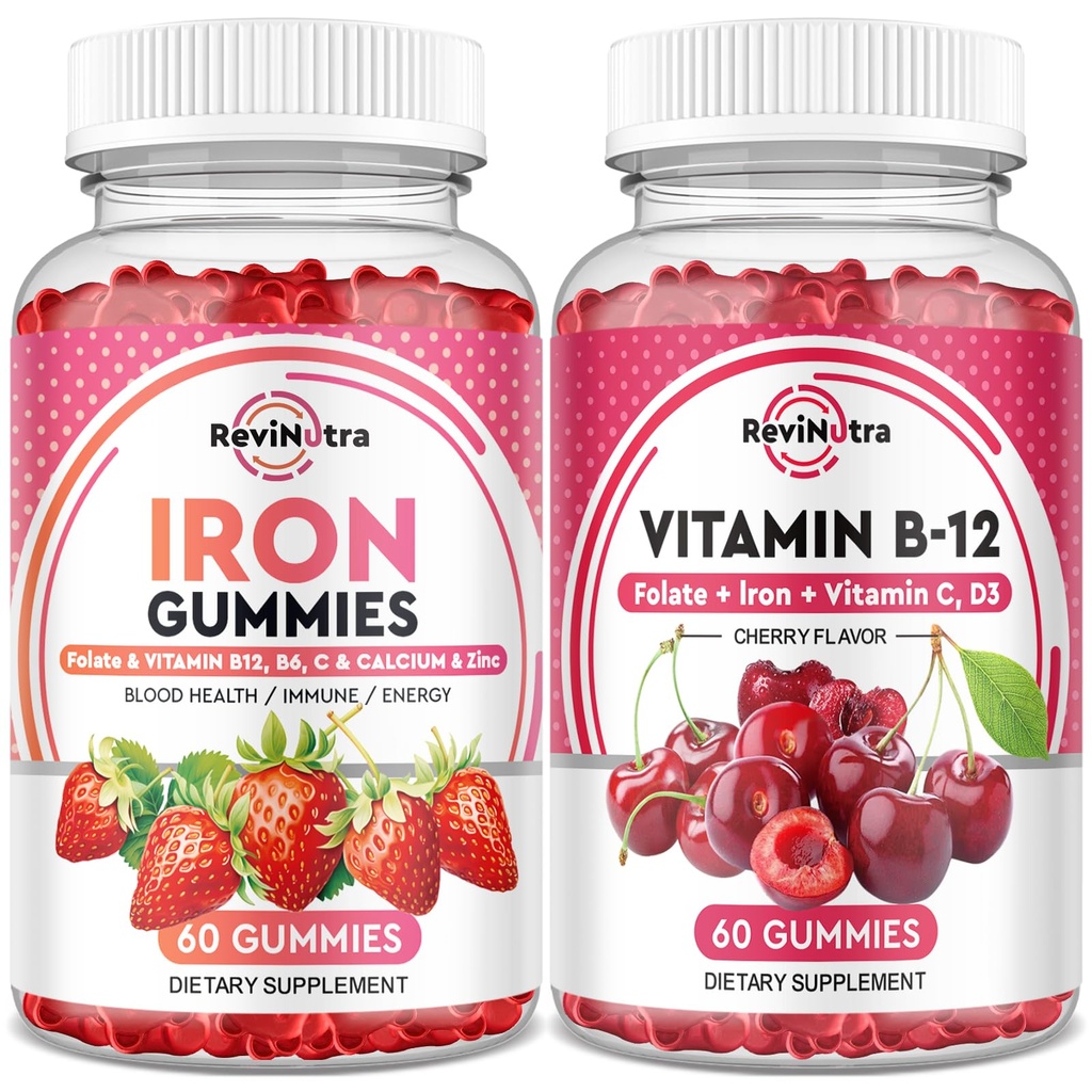 Tambahan Gummies Besi untuk Dewasa & Anak-anak 124; Vitamin B12 Gummies 124; Bundle