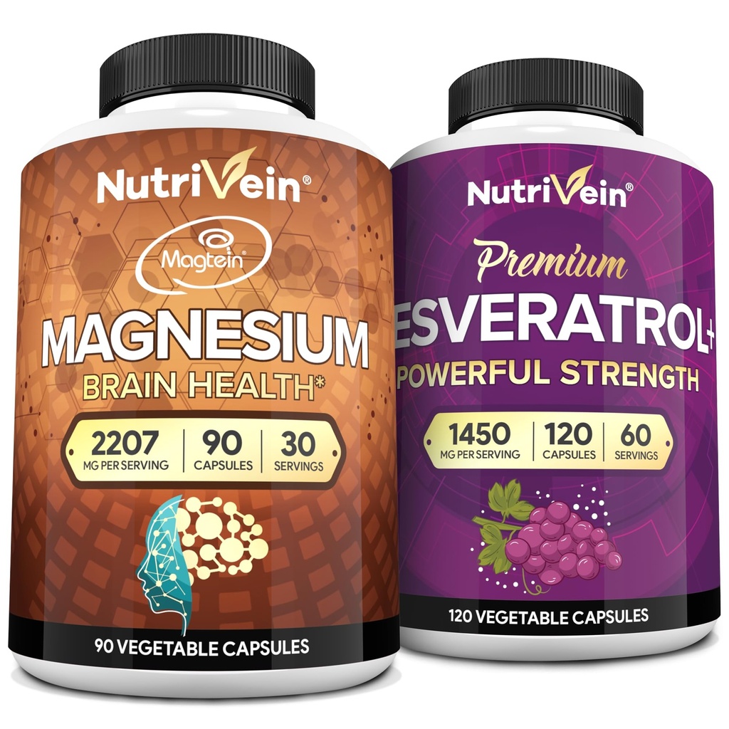 Nutrivein Premium Magnesium L- Threonate & Resveratrol Supplement Bundle: High- Absorgetic Magnesium Threonate dan Resveratrol Capsules for Reparts, Defections, & Vitalitas
