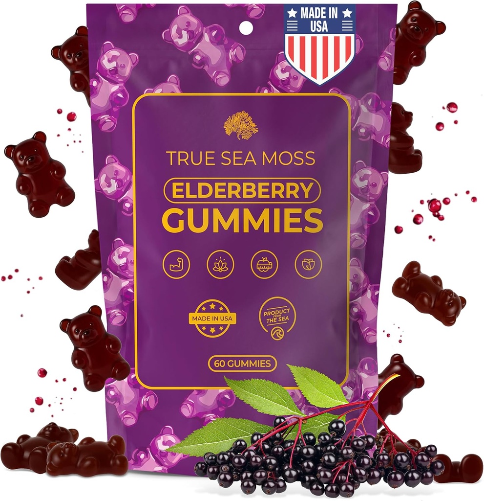 TrueSeasons Sea Moss Elderberry Gummies for Dewata & Kids - with Burdock Root, Bladderwrack & Magnesium - Vegan, Non-GMO Formula - Made in USA - 60 Gummies