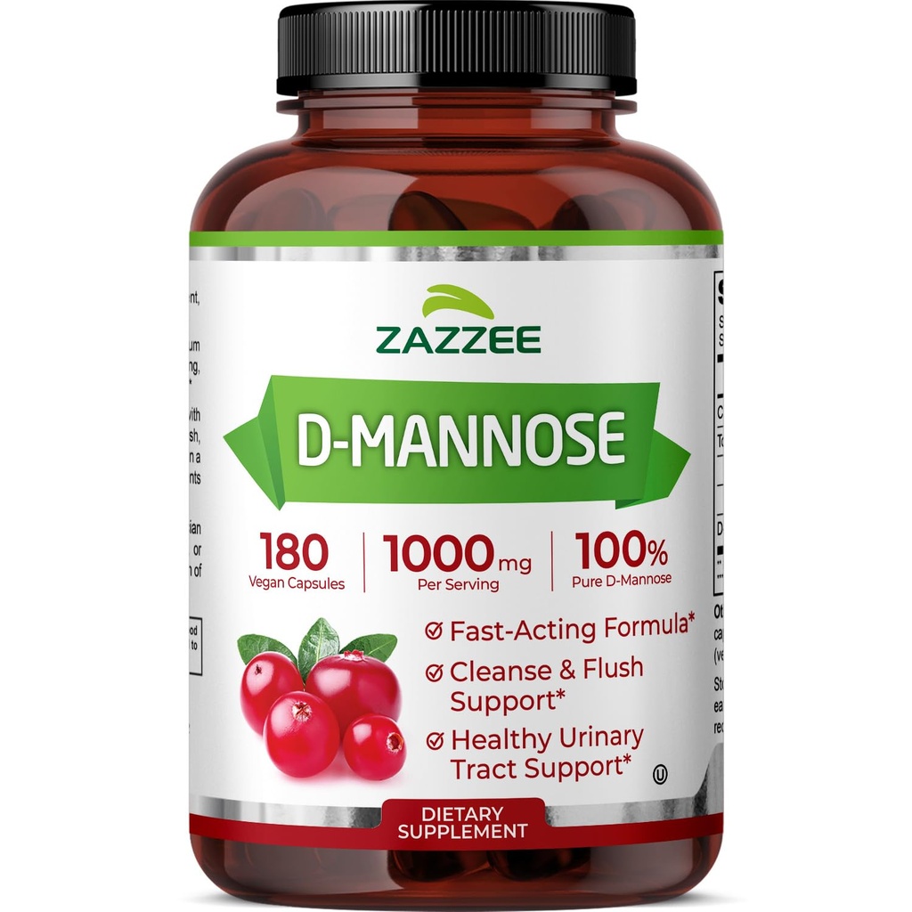 Zazzee D-Mannose, 1000 mg per Serving, 180 Vegan Capsules, 3 Bulan Supply, Mampu & Fast, Diakui Kosher, 100% Murni, All- Natural Tract Health Dukung, 100% Vegetarian, Non-GMO
