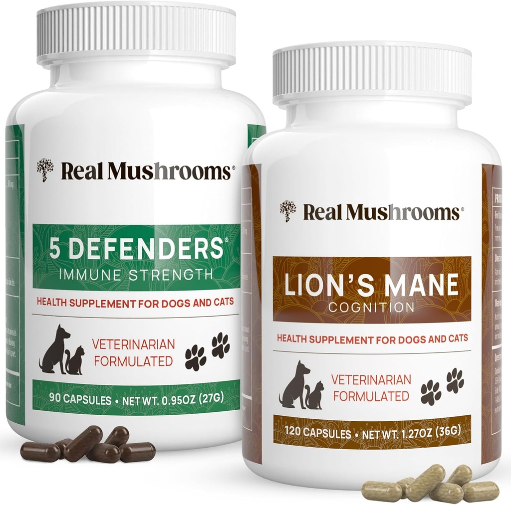Jamur Real 5 Defenders for Pets (90ct) dan Lions Mane for Pets (120ct) - Bundle for Ammune Strength & Cognition - Vegan, Non-GMO, Gluten- Free, Grain- Free Mushroom Pet Suplemen