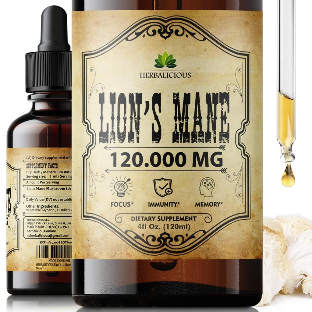Ekstrak Mane Singa 4 quid oz liquid - Natural Jamur Suplemen untuk Otak, Memori, Mental Clarity & Focus - Imune Dukungan Formula - 90-Day Suppply
