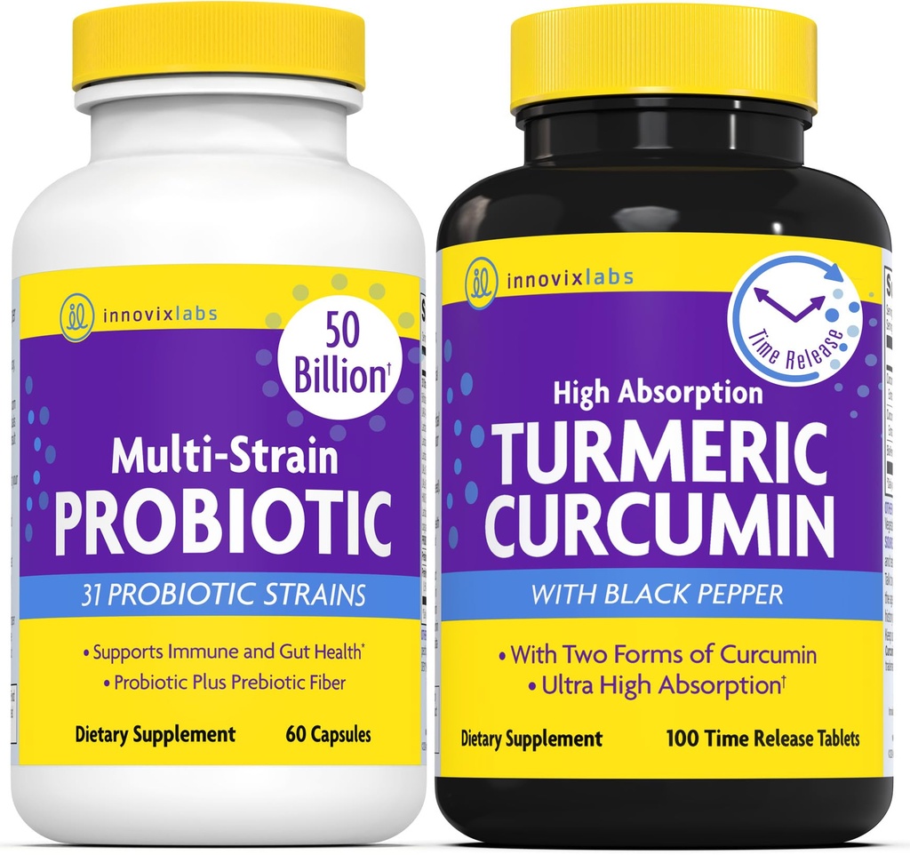 InnovixLabs Multi Probiotic & Curcumin Bundle Mult Strain Probiotic (60 Time Capsules) Turmeric Curcumin (100 Time-Rilis Tablets). Mendukung Gut dan Imune Health. *
