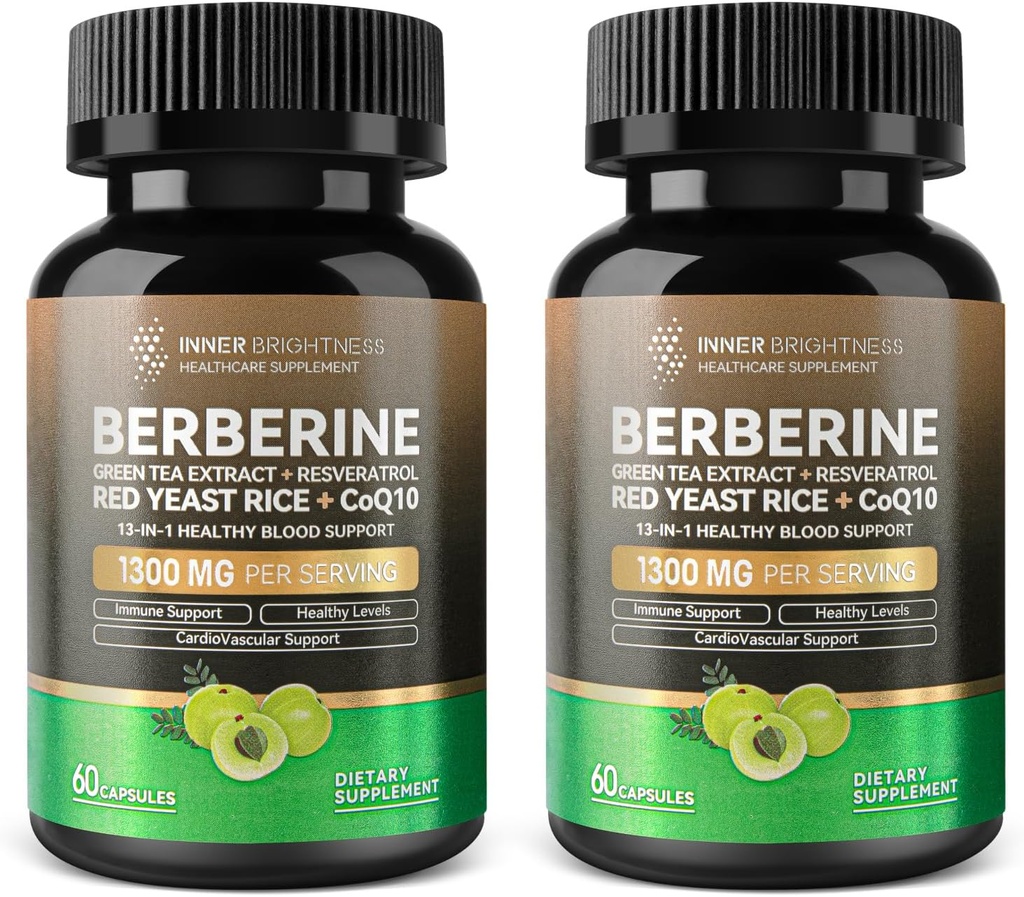 Berberin 1300mg dengan Green Tea Extract, Resveratrol, Red Yeast Rice & CoQ10 - 13- 1 Ammune Kesehatan, Natural Metabolic Dukungan - 60 Capsules - Non-GMO, Lab Test - 2 Pack