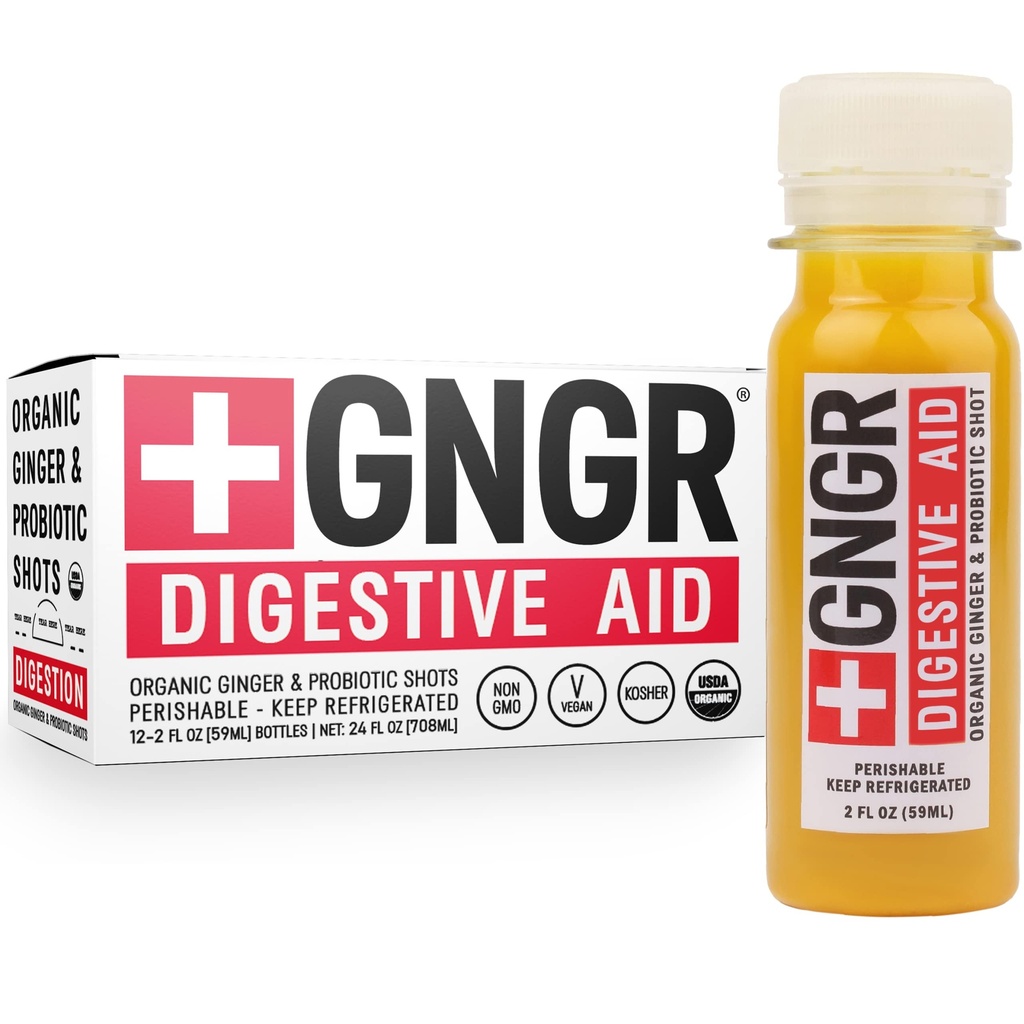 + GNGR Digetical Aid Organic Ginger Shots with Progetic, Gut Health, Colon Cleanse, Bloating Relief, Gut Detox, Imunity Shots with Ginger Juice, Turmeric, Black Pepper. (2 Oz, Paket 12)