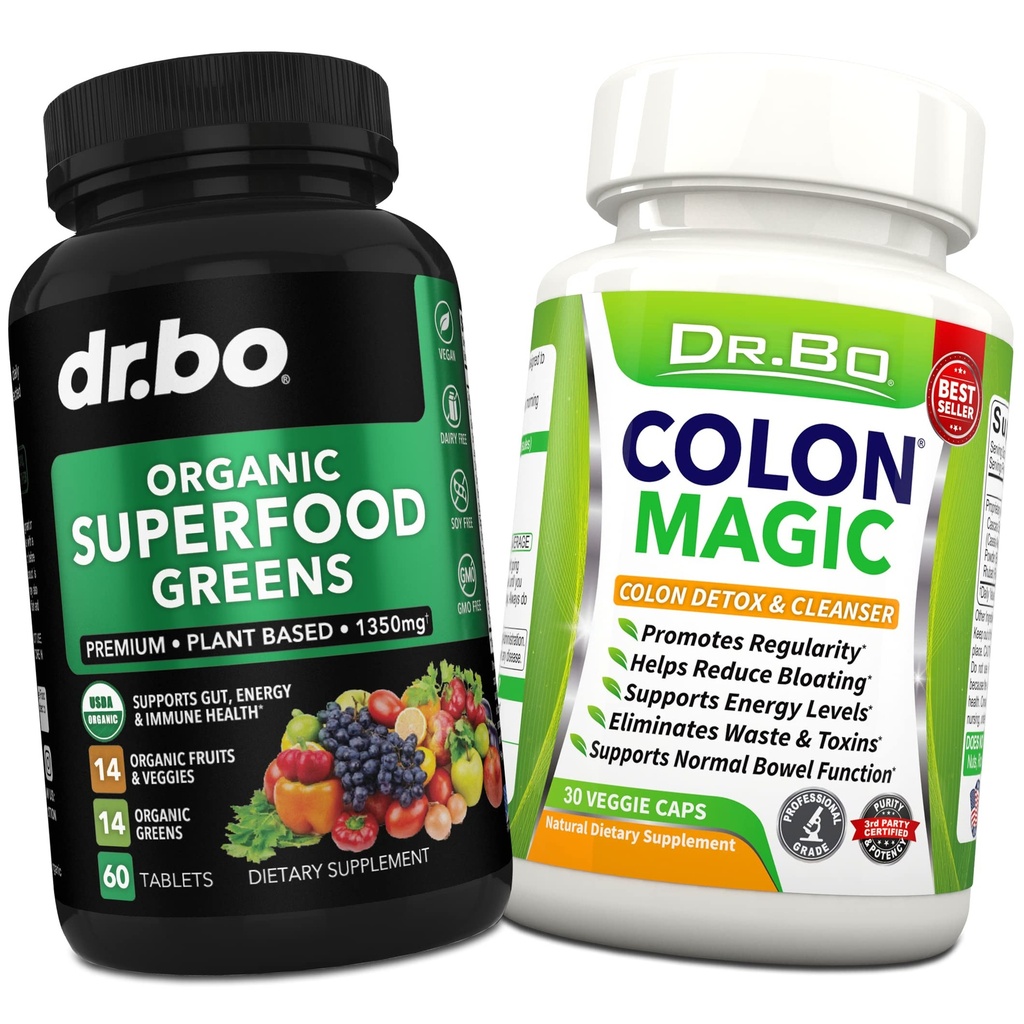Makanan organik Superfood Hijau & Suplemen Buah - Colon Cleanse Detox Formula untuk Bloating Intestinal - Green Veggie Poader Campuran Makanan & Penahan Konstilasi