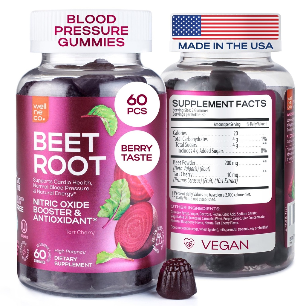 Beet Chews for High Blood Pressure - Beet Root Gummies Made in USA with Tat Cherry - Nitric Oxide Suplemen Energi dan Kesehatan Cardio - Vegan, No GMO, Pectin Based - for Women and Men, 60 Pcs