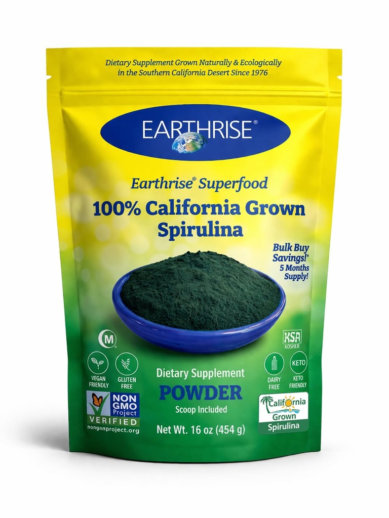 Bumi Spirulina Natural Powder 16oz, Premium Spirulina Alam dari California - Vegan, Gluten Free, Keto Friendly, Non-GMO Super Food tinggi di Vitamin & Mineral. (1 LB)
