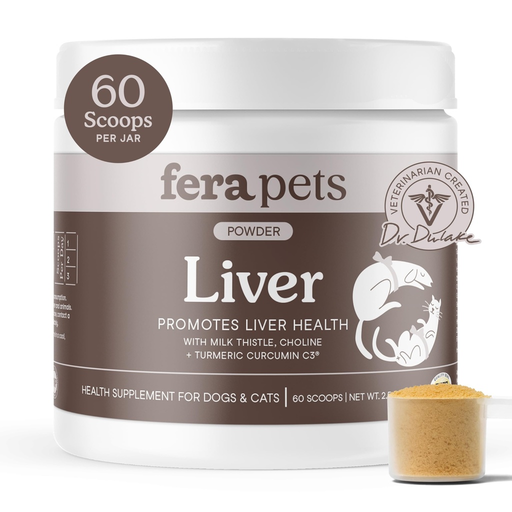 Fera Pets Liver Supplement for Dogs & Cats with Milk Thistle, Choline & Turmeric - Organic Botanicals - Enhances Liver Fungsi, kekebalan, Detoksifikasi, & Metabolic Fungsi - Powder - 60 Scoops