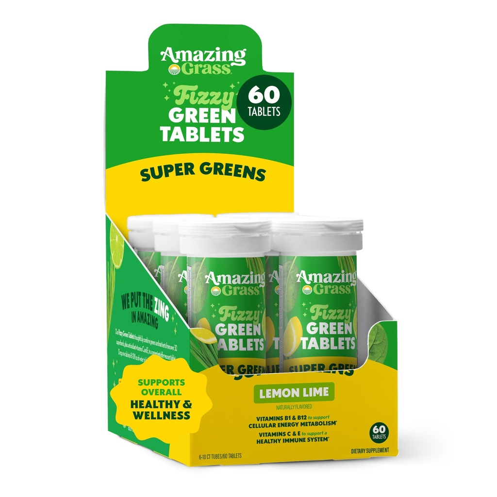 Amazing Grass Effervescent tablet: Green Superfood Water Flavoring Tablet with Antioxidants & Alkalying Greens, Lemon Lime, 60 Count