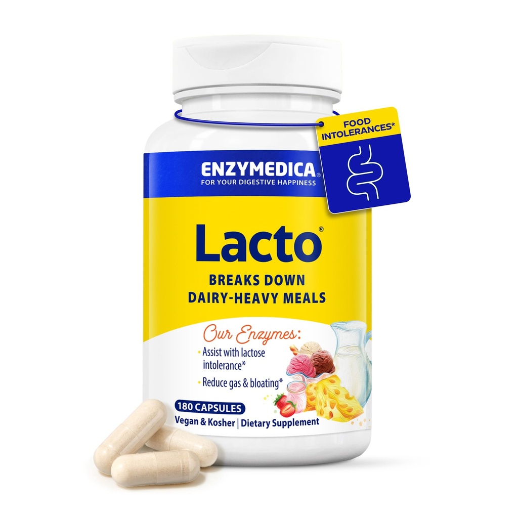 Enzymedica Lacto, Advanced Lactase Pills for Dairy Dues, Helling Break Down Laktosa, Casein & Fat, Dairy Relief Pills, Vegan, 180 Capsules