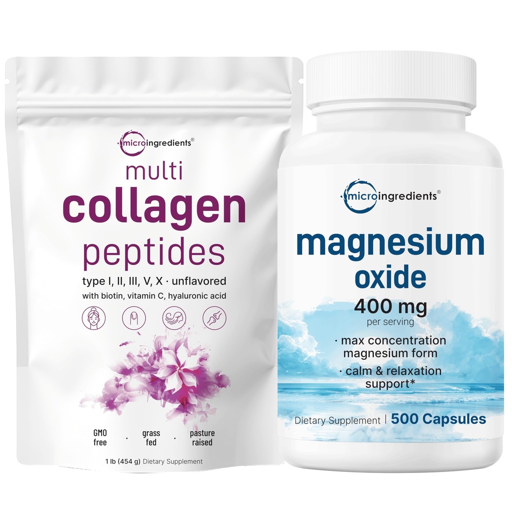 Mikro Ingrediens Multi Collagen Protein Powder 16oz & Magnesium Oxide 400mg Bundle Pack 12.4; Grass-Fed Collagen Peptides 124; Formulir Elemental untuk Konvertrasi Max
