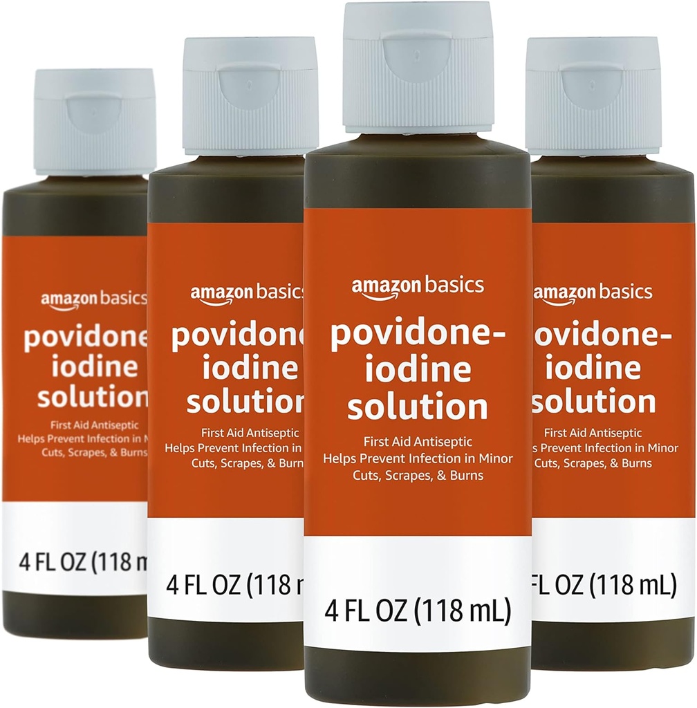 Antiseptik Bantuan Pertama Basics, 10% Solusi Iodin Povidone, 4 Ounces Fluid, 4-Pack (sebelumnya Solimo)
