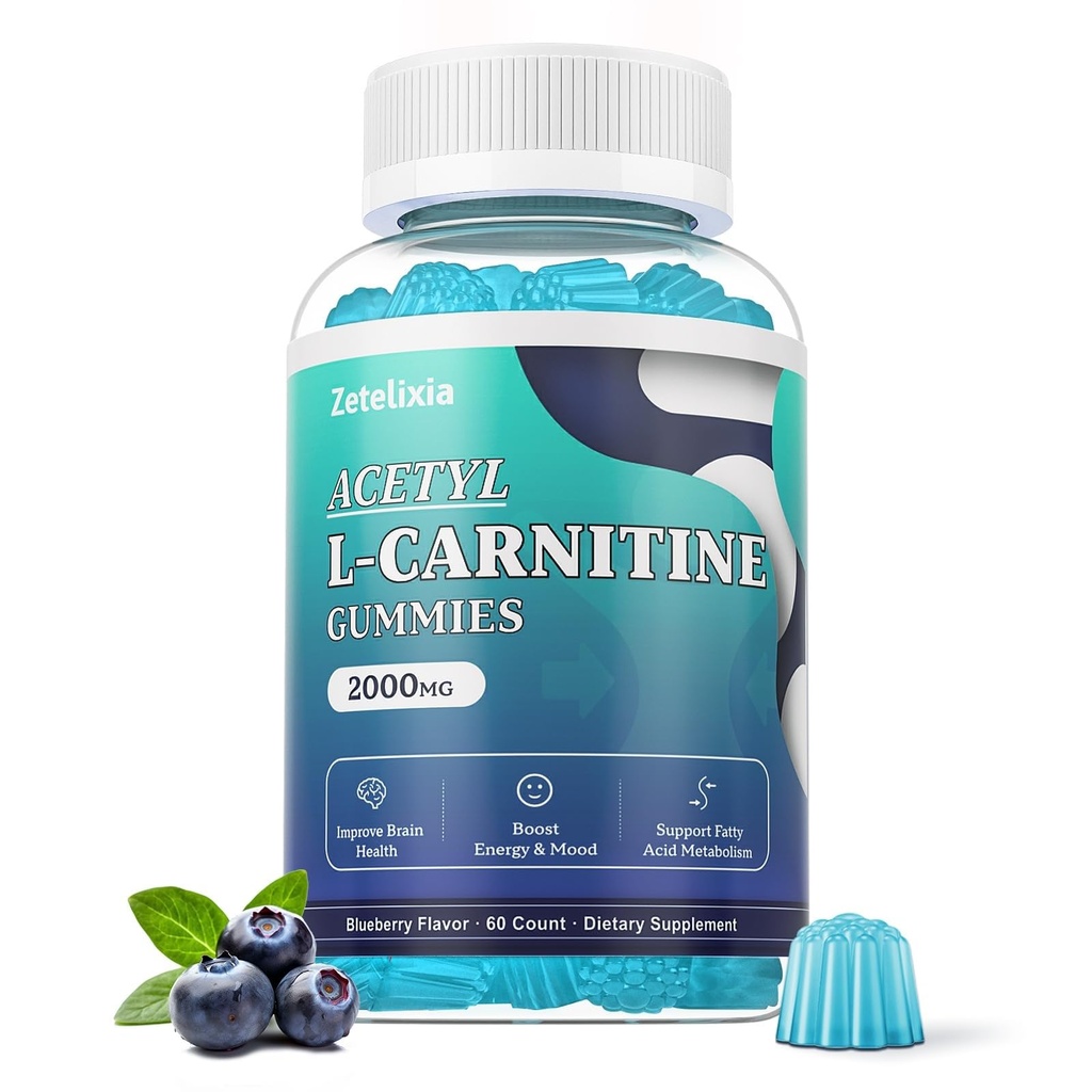Sugar Free Acetyl L- Carnitine Gummies, L- Carnitine Suplemen Perempuan & Men, dengan Vitamin C & B12, ALCAR for Energy, Brain & Heart Support, Vegan, Non-GMO, 60 Count