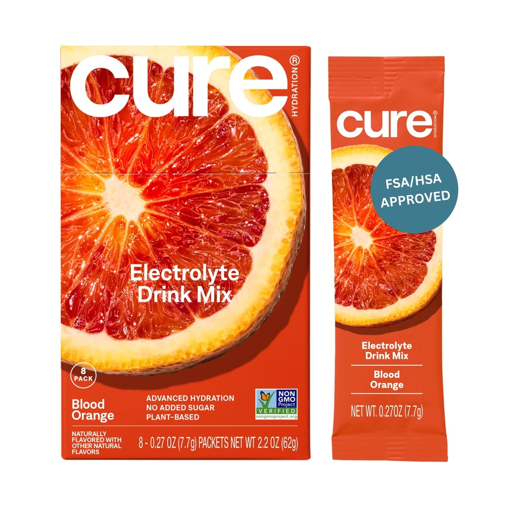 Cure Hidration 134; Plant-Based Electrolyte Drink Mix 124; No Added Sugar 14; Dehydration Relief Powder Made with Coconut Water 124; Nor-GMO 124; Vegan 124; Box of 8 Packets - Blood Orange