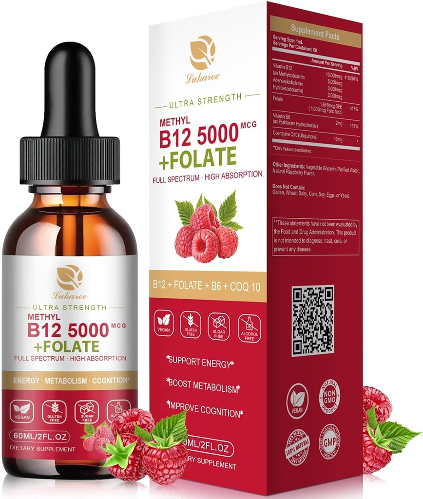 Lukaree Vitamin B12 Sublingual Drops Vegan B12 Vitamin Liquidins-Full Specities -Methylcobalamin, Adenosil & Hydroxy B12, untuk Energi, Fokus, Persediaan Mood & Imune - 2 Bulan, 2 fl oz