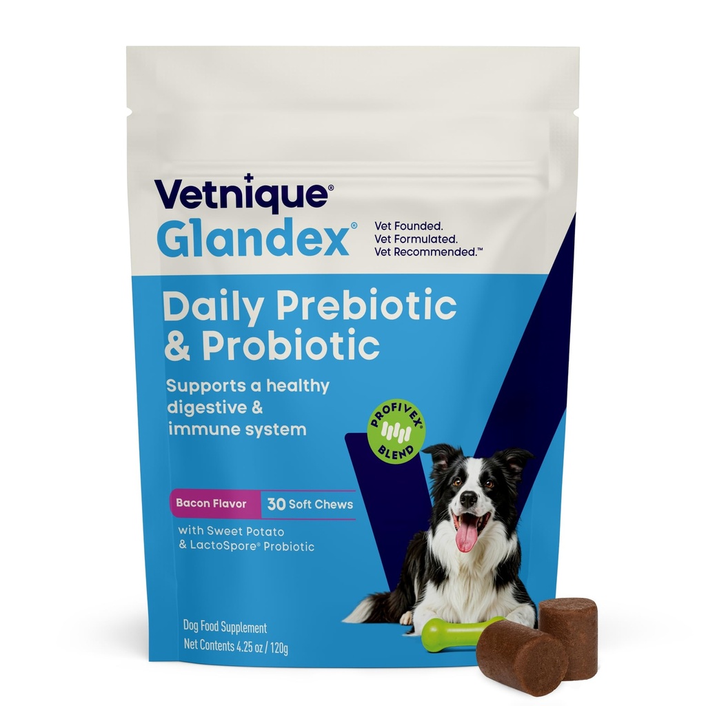 Vetnique Glandex Daily Progories for Dogs with Pregities to Dut Health with Fiber and Digetical Enzymes, Probiotic Chews or Powders (30ct Chews, Bacon Chews)