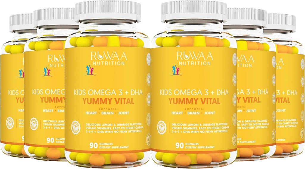 RUWAA NUTRITISI Anak Omega 3 Gummies DHA EPA Omega 3 Tambahan Anak-anak. Tidak ada Minyak Ikan After- Rasa Vegan Omega 3 6 9 + DHA Gummies & Vitamin C. Kesehatan Kognitif C, Fokus, Vision. Anak Omega 3 540ct (6)